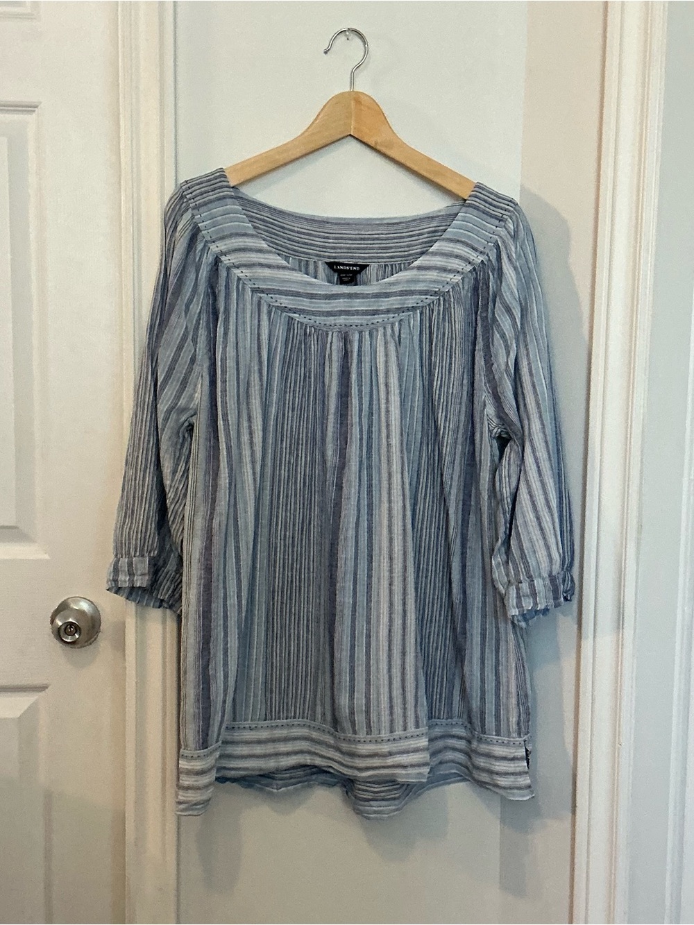 LANDS' END Plus Sized Linen Blue Striped Peasant Blouse